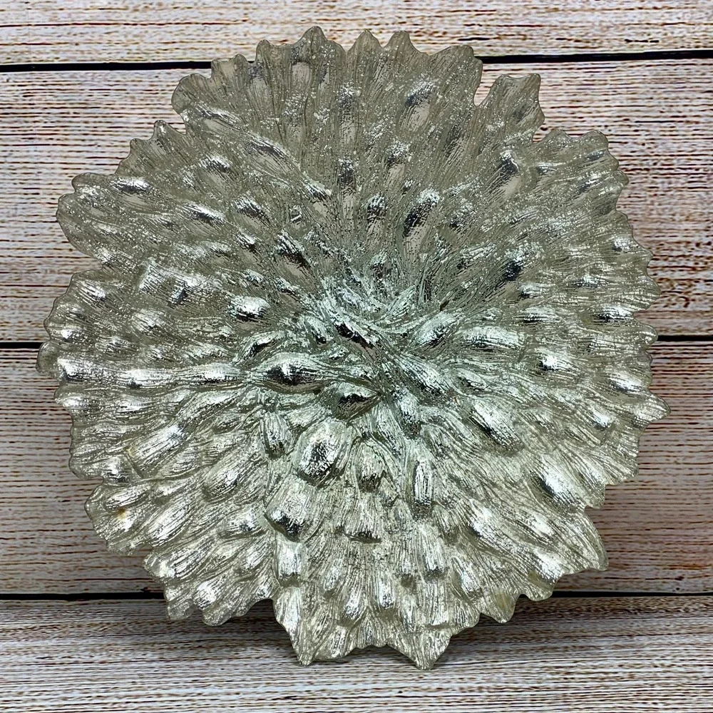Decorative Silver‎ Glass Bowl Textured Round Centerpiece Unique Serving Dish